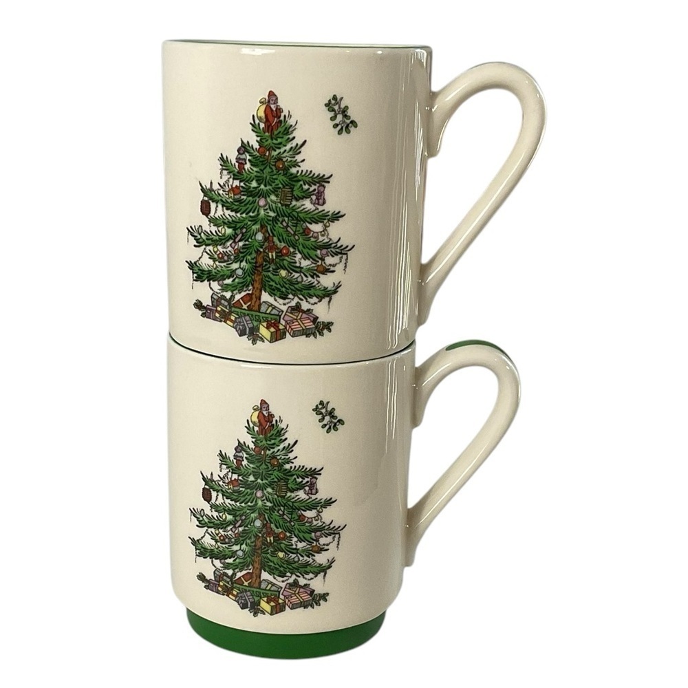 2 Spode Christmas Tree Mugs Green Rim Footed Holiday Cups 12 oz Stoneware
